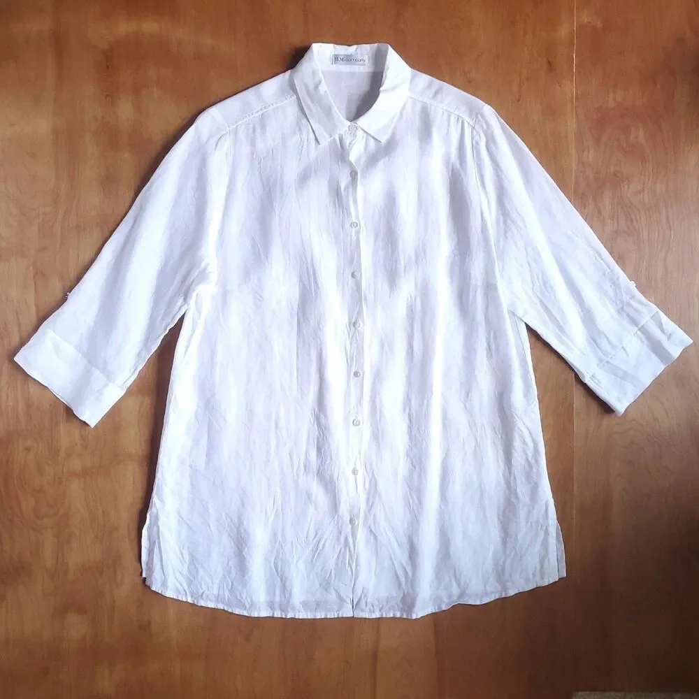 100% Linen White Button Up Tunic Shirt Womens L Minimalist Lagenlook 3/4 Sleeve